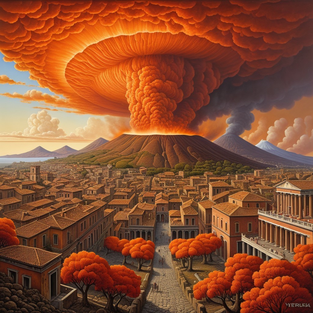 Sunset and Volcanic Eruption Over Historical City