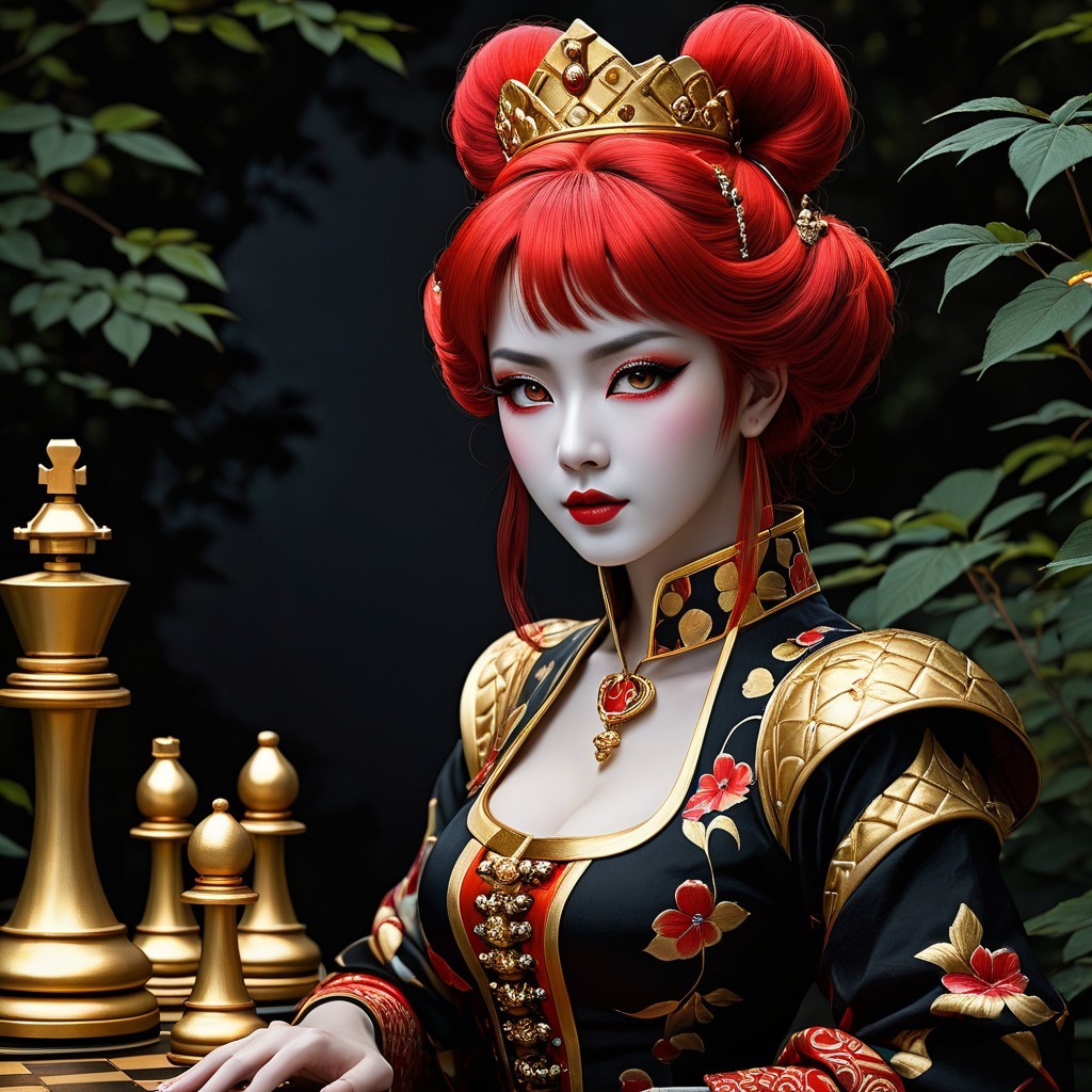 Regal Figure Beside Chessboard in Traditional Costume