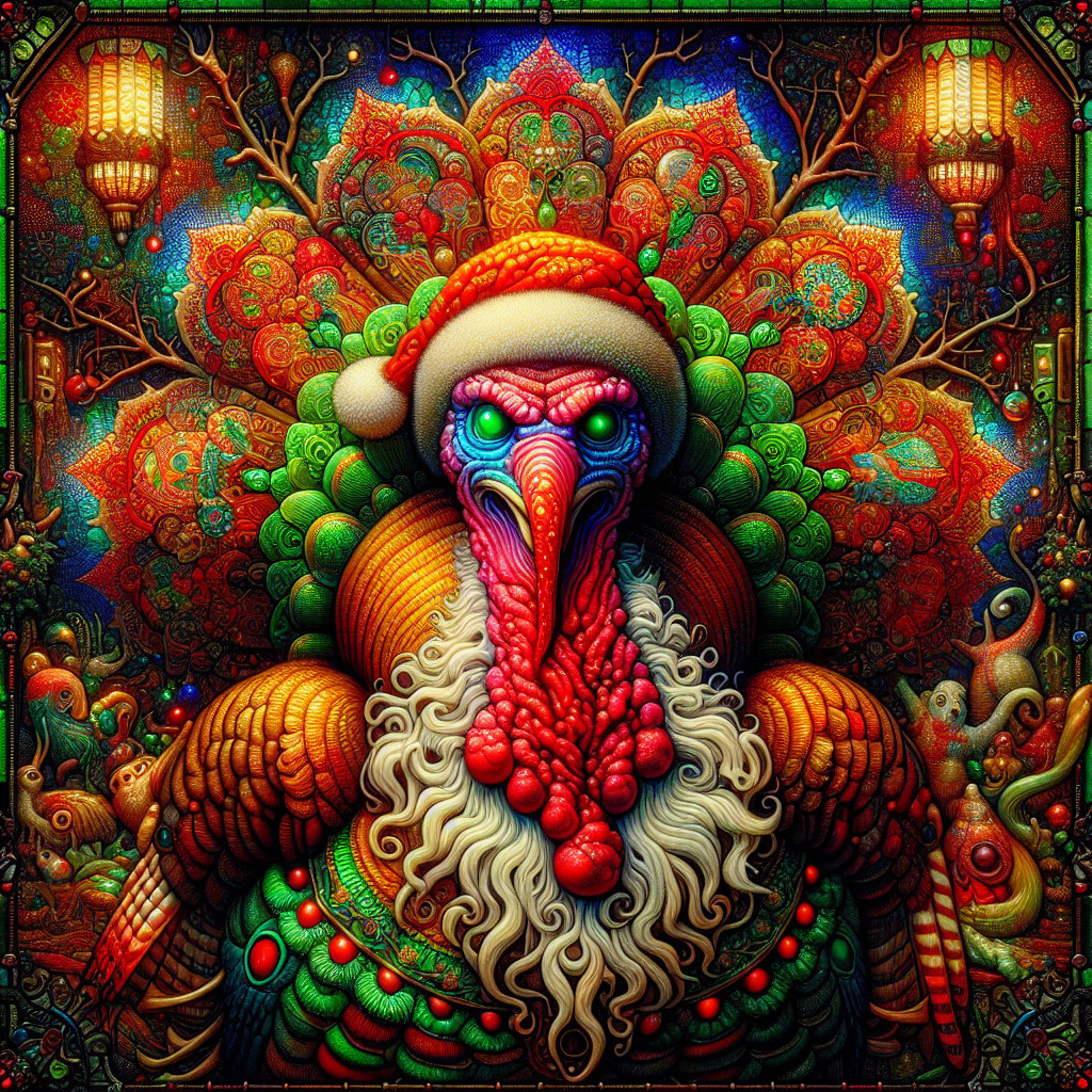 Surreal Illustration of Turkey Dressed as Santa Claus