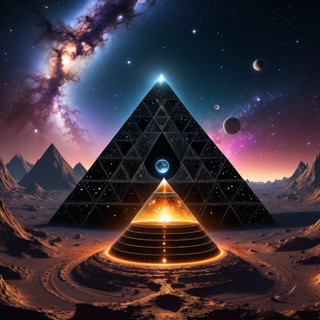 Cosmic Landscape with Illuminated Pyramid and Stars