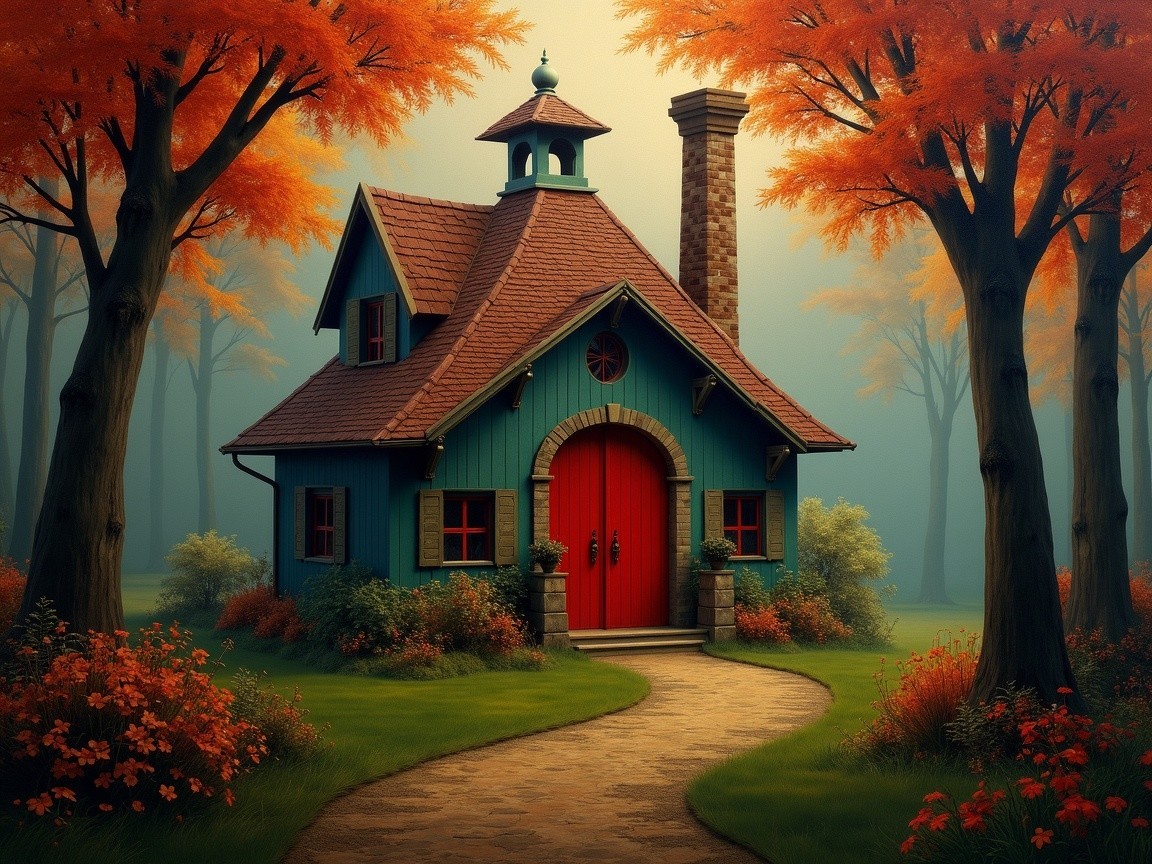 Colorful Cottage Surrounded by Vibrant Fall Foliage