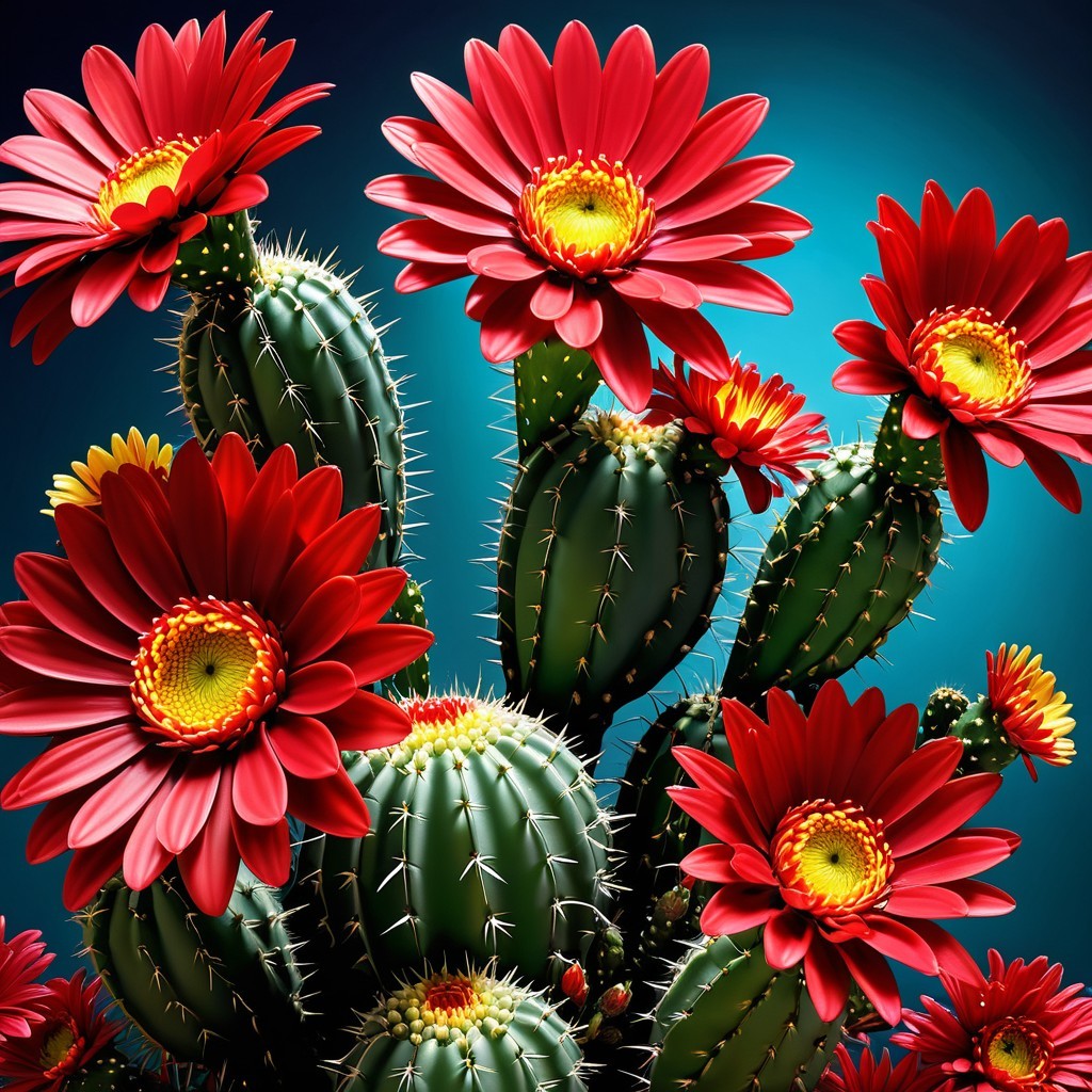 Vibrant Cacti Arrangement with Red Flowers and Blue Background