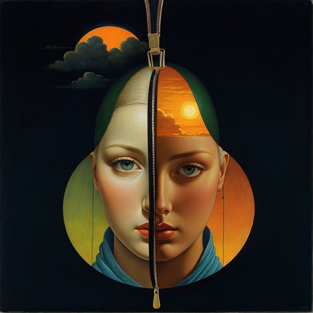 Split-faced figure with zipper and sunset landscape