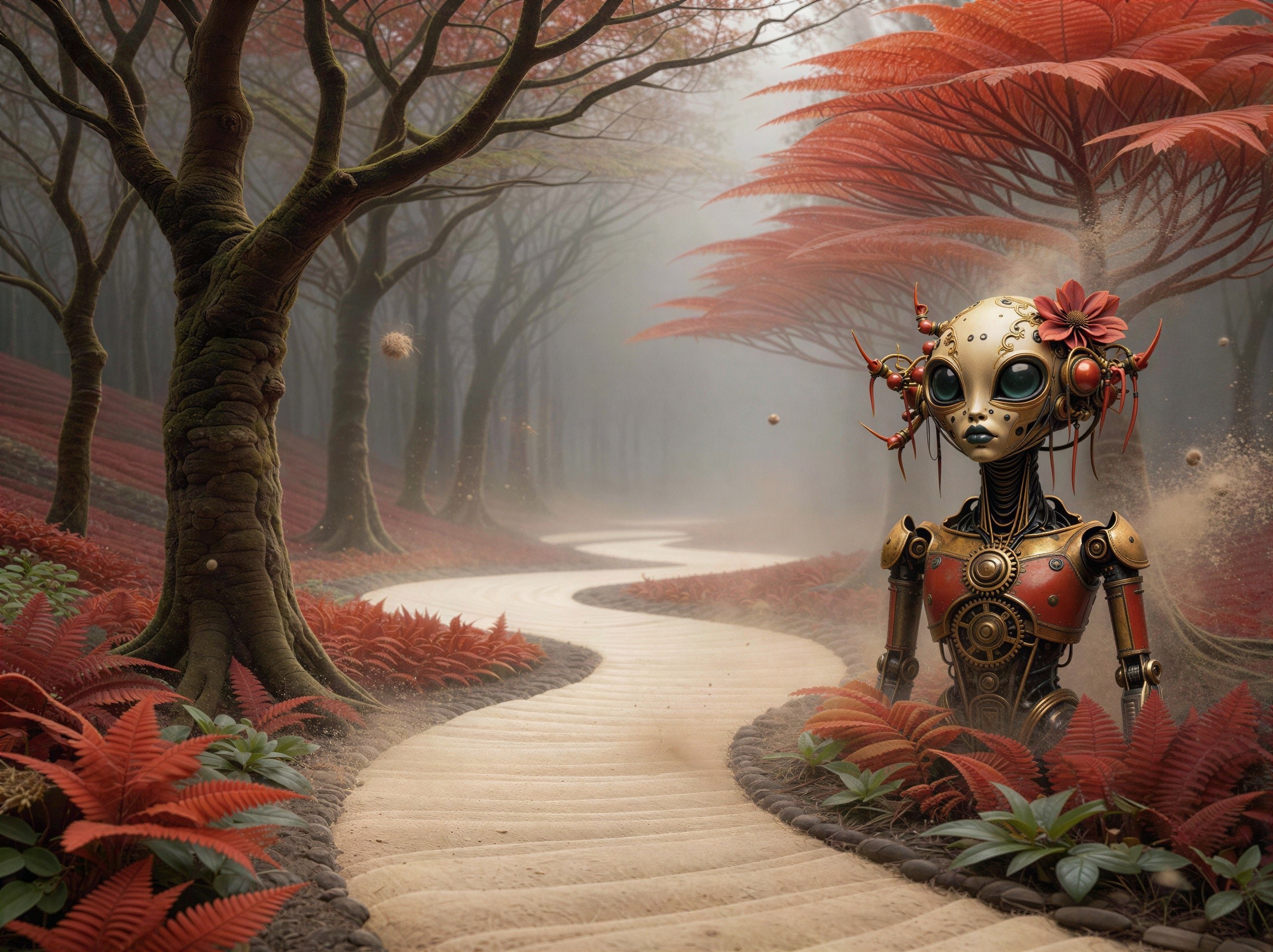 Steampunk Robot in Misty Forest with Red Flower