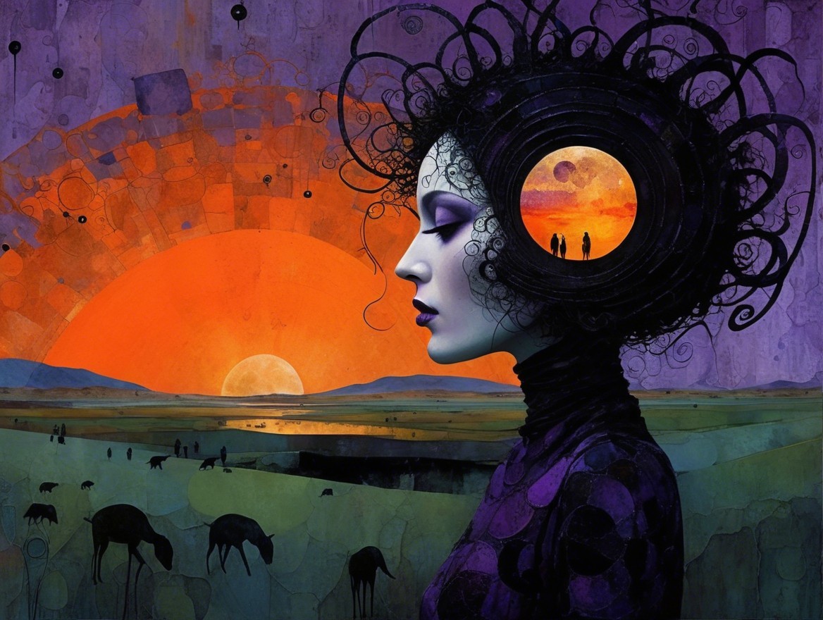Surreal Woman Profile with Vivid Sunset and Landscape