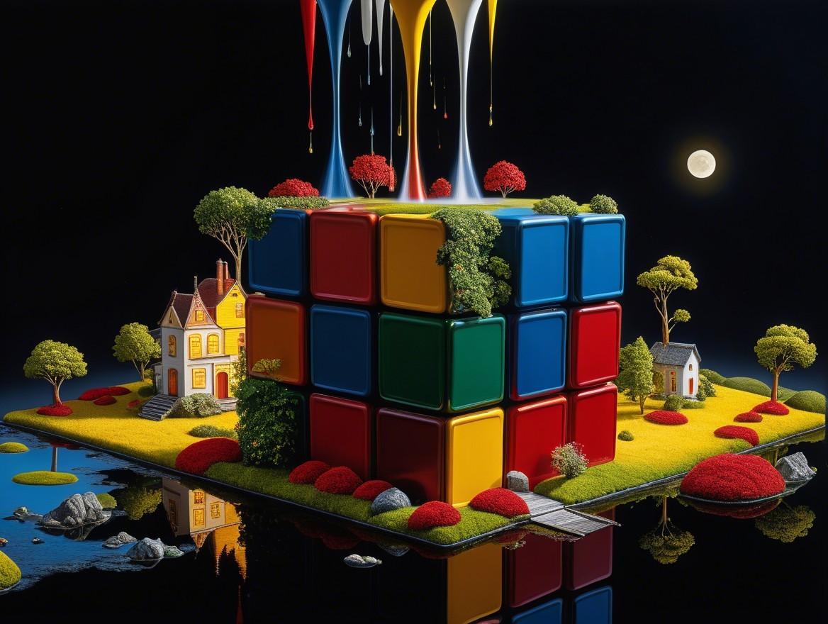Surreal Landscape with Giant Rubik's Cube and Moonlight