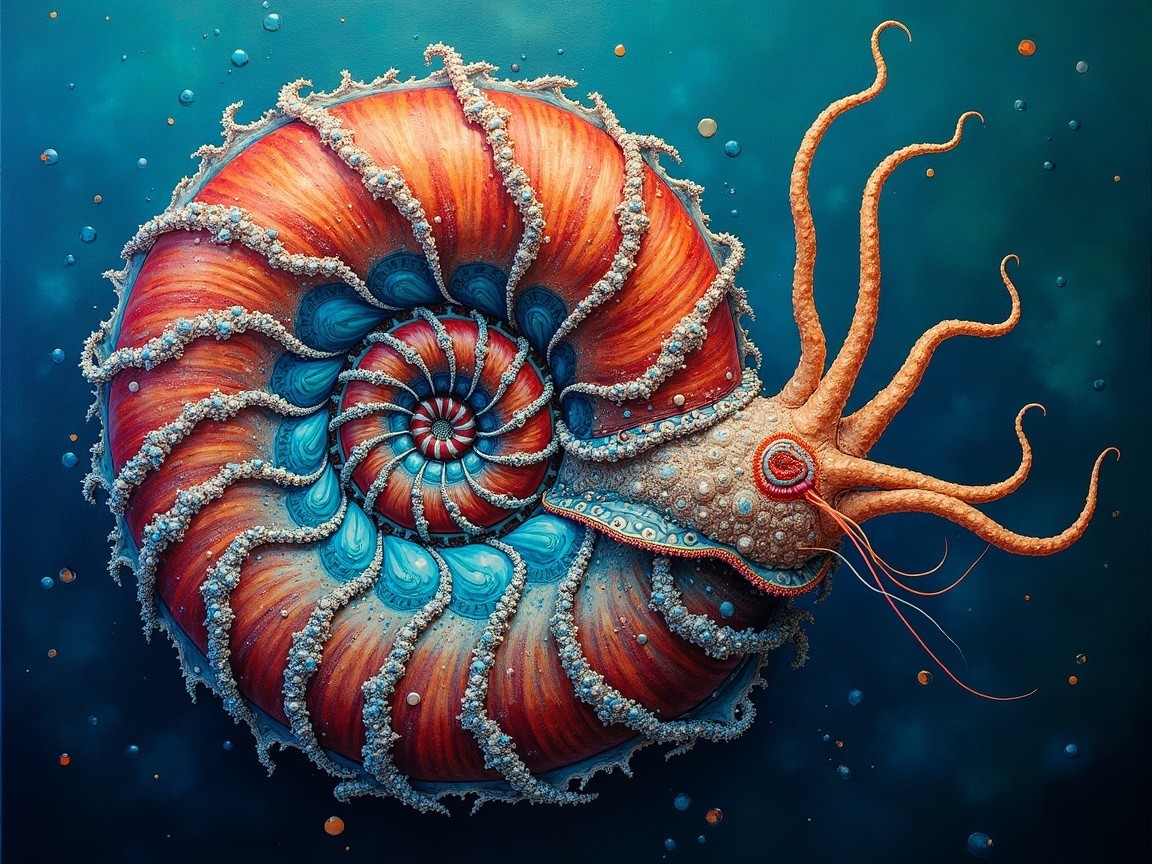 Surreal Nautilus with Colorful Shell and Tentacles