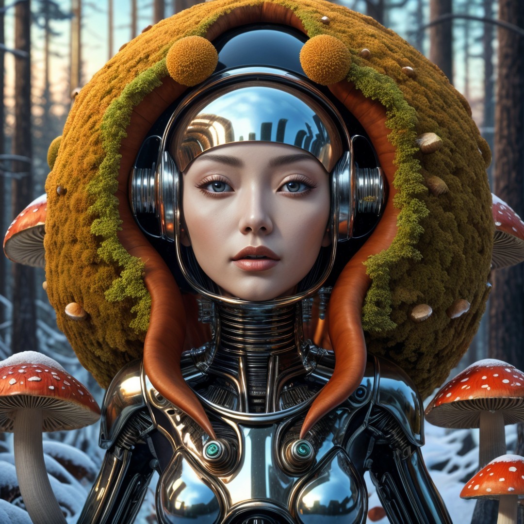 Futuristic humanoid in a mystical forest setting