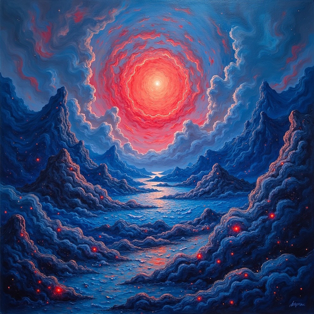 Vibrant Cosmic Landscape with Sun and Mountains