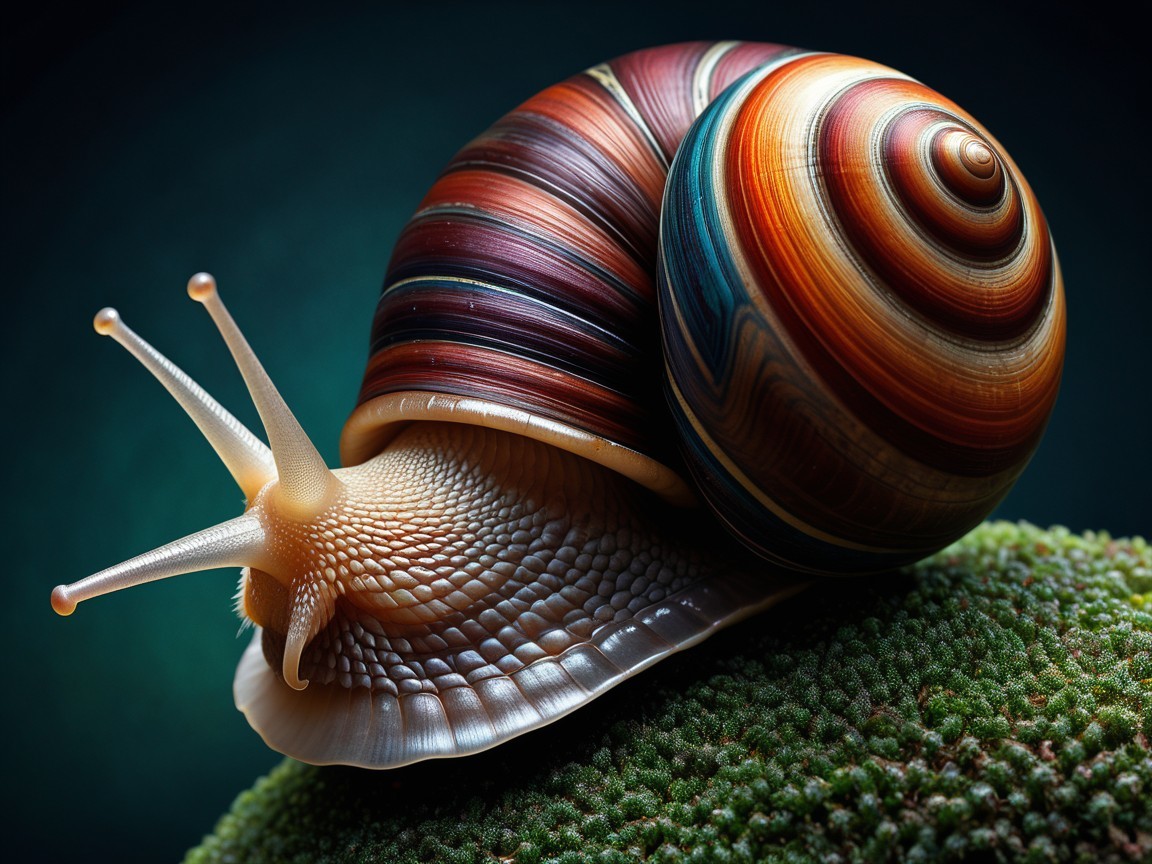 Close-up of a snail on green moss with colorful shell
