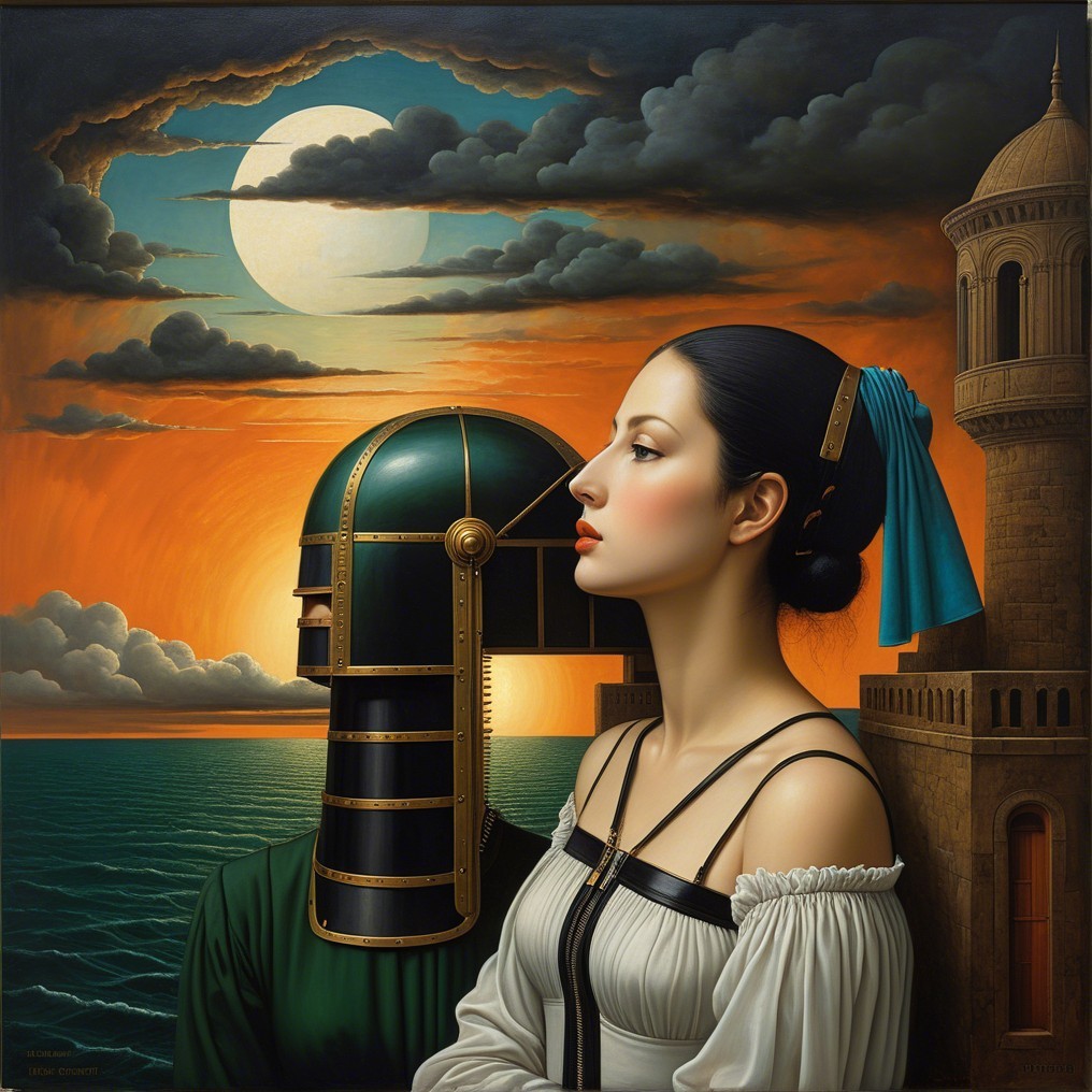 Surreal Scene of Woman and Armored Knight at Sunset