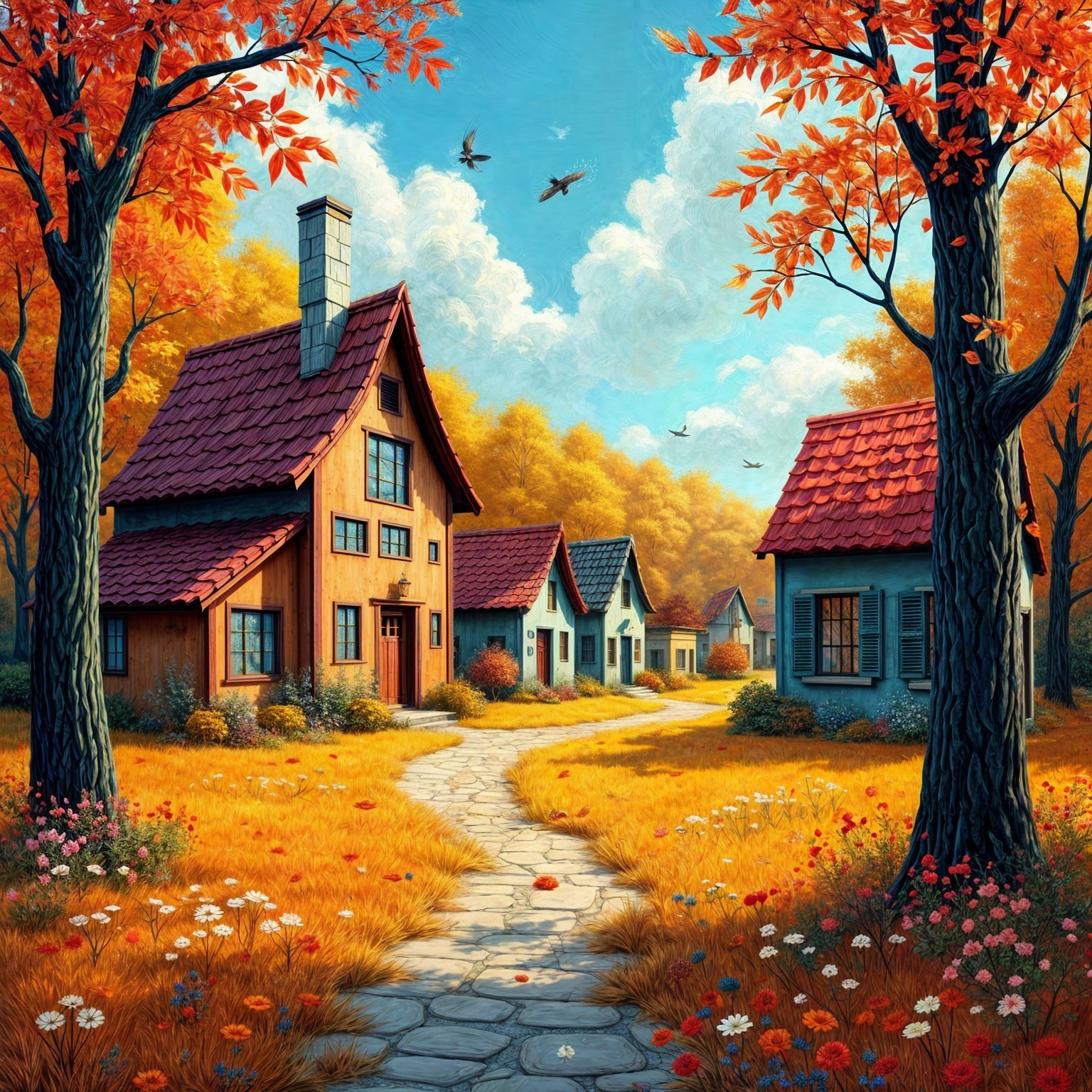 Autumn Scene with Colorful Foliage and Charming Houses