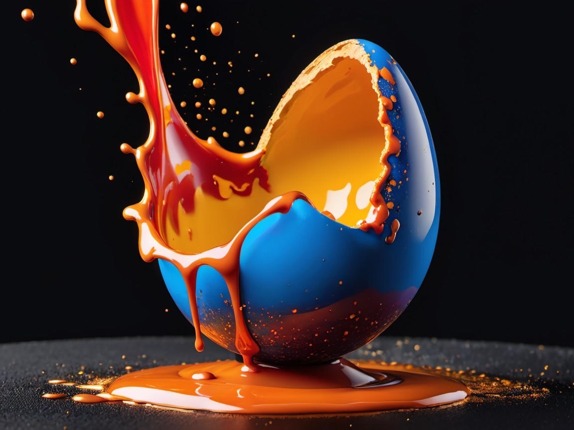 Vibrant Blue Egg Bursting with Orange Paint Splashes