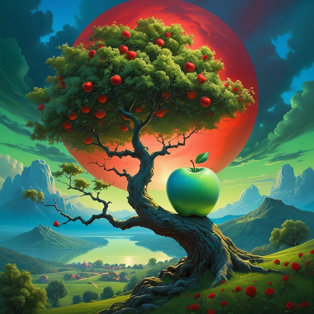 Surreal Landscape with Green Apple and Red Sun