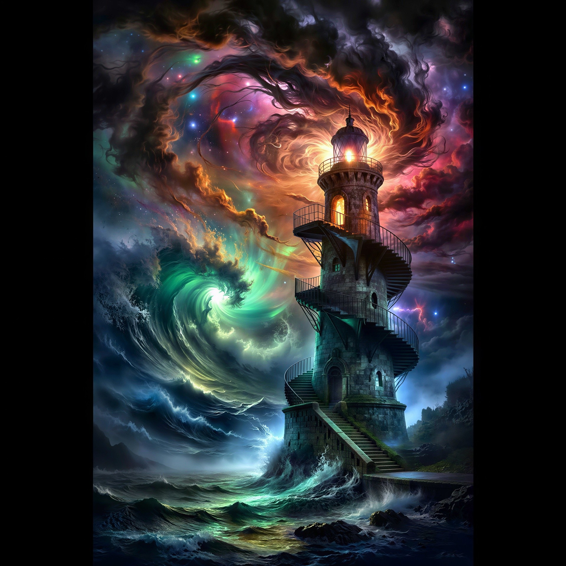 Fantastical lighthouse on rocky shore with stormy ocean