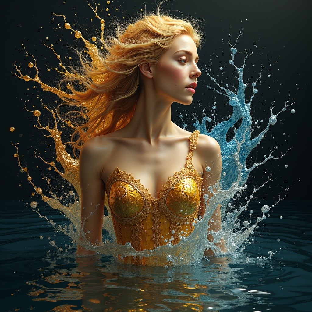 Portrait of a woman in water with golden hair and bodice