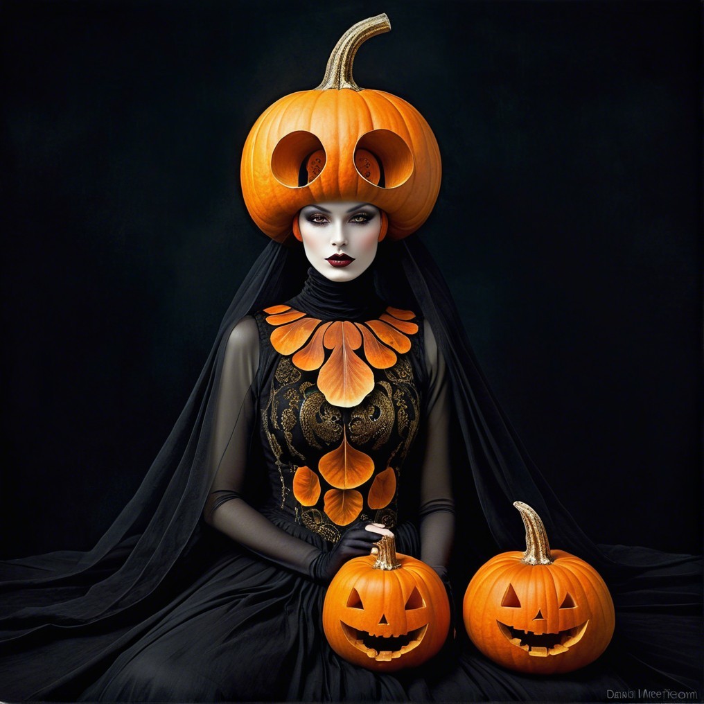 Model in Dark Attire with Pumpkin Headpiece and Decor