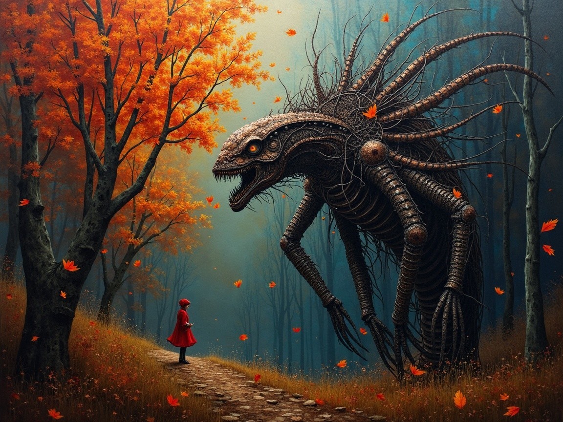 Mystical Forest Scene with Cloaked Figure and Creature