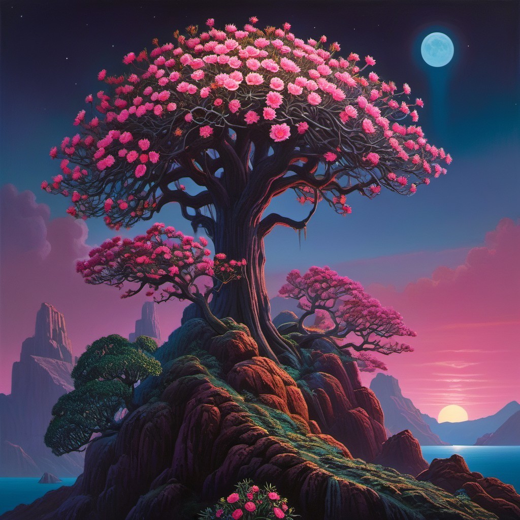 Majestic tree with pink blossoms on rocky island