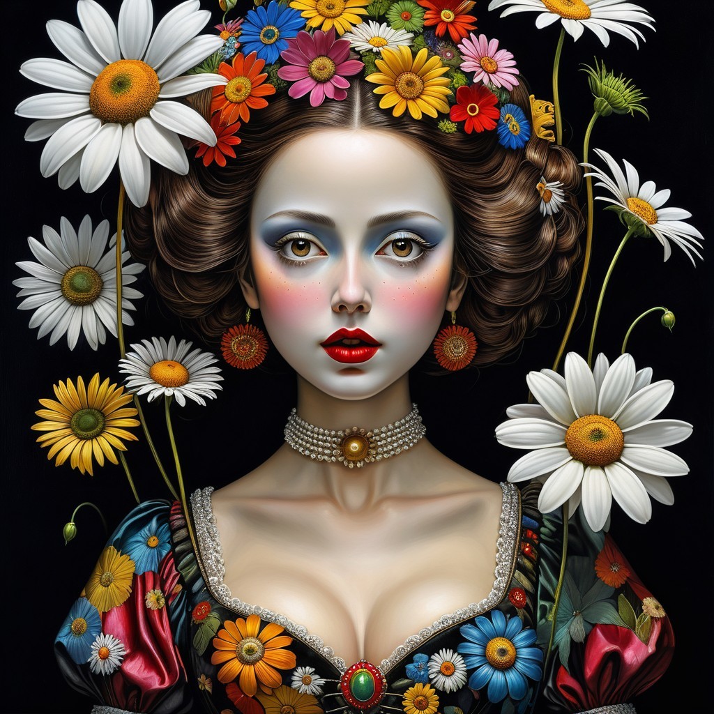 Woman with Floral Hair and Colorful Dress Details