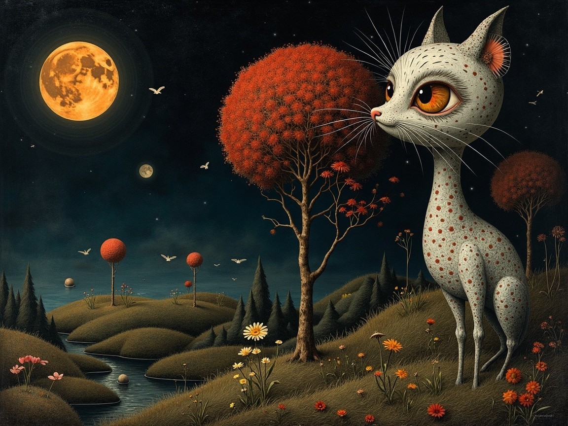 Whimsical Landscape with Cat and Vibrant Night Sky