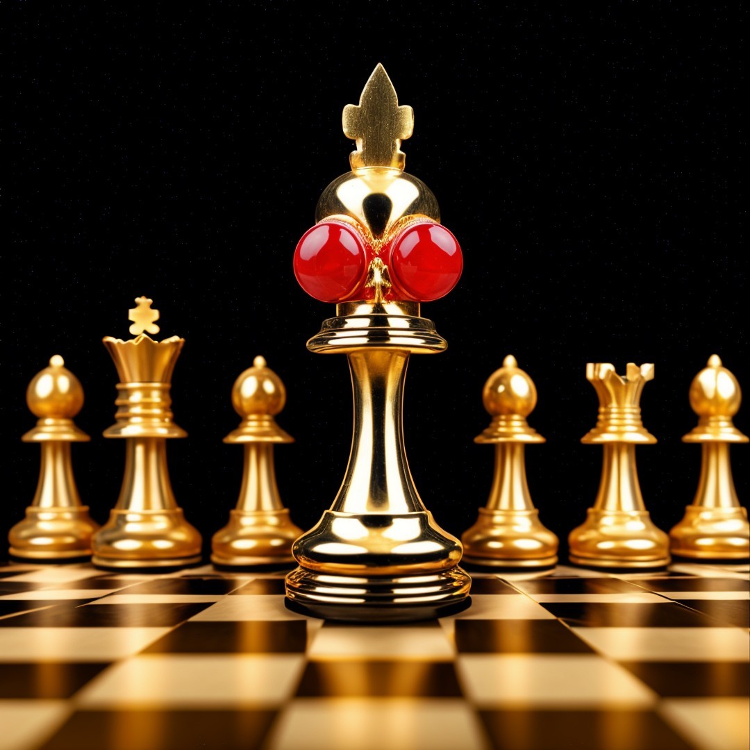 Golden Chess Set with Red Accents on Dark Board