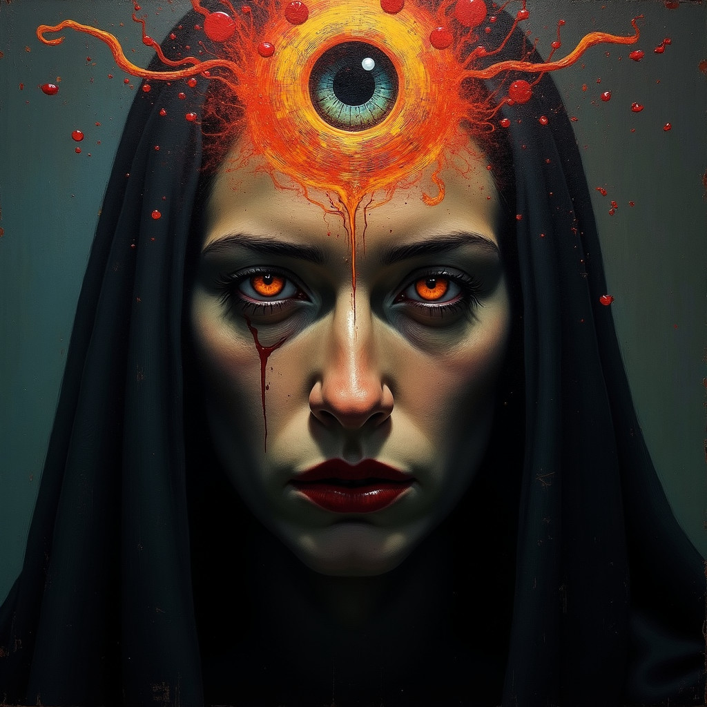 Portrait of a woman with fiery orange eyes and mysticism