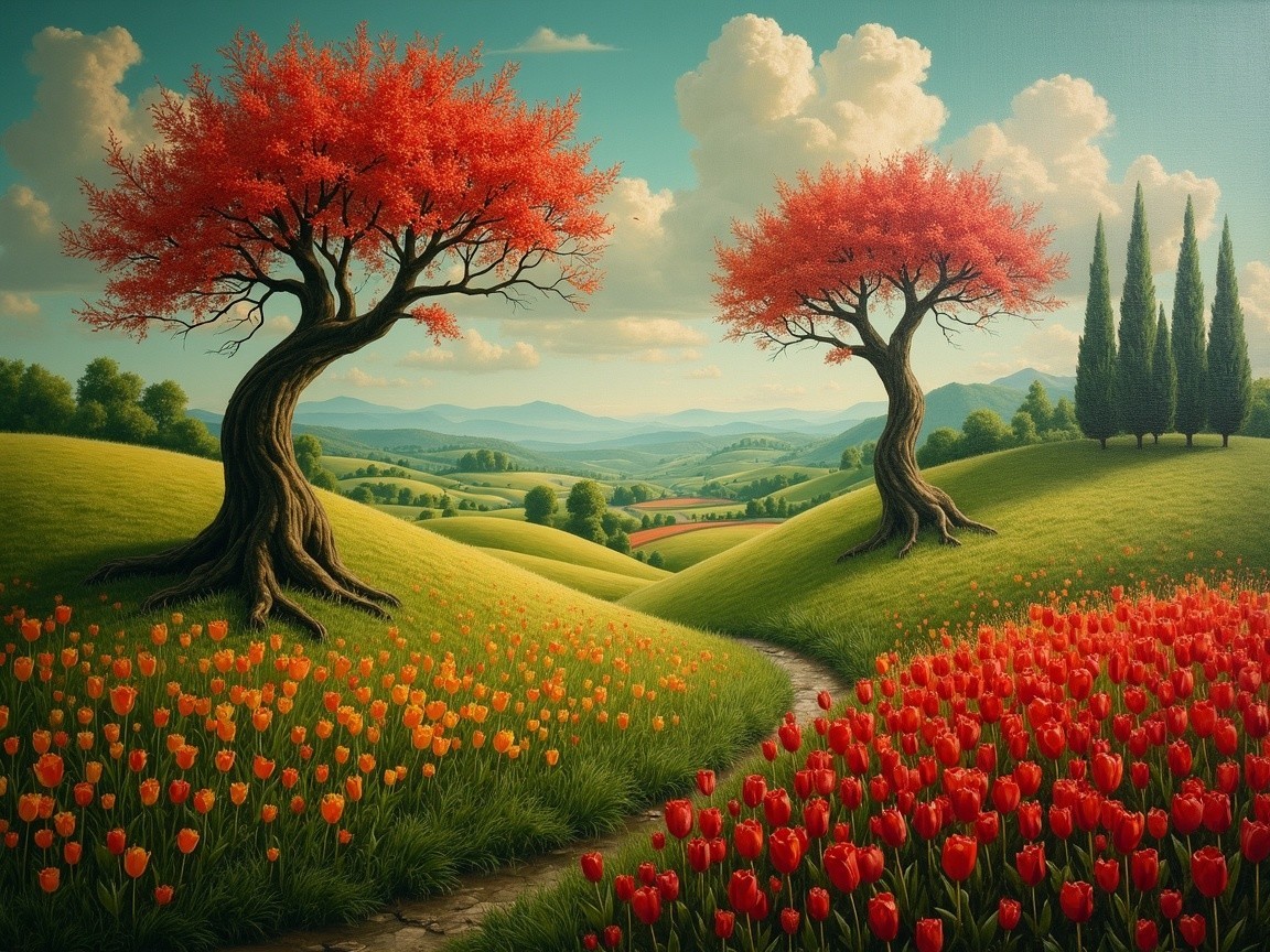 Serene Landscape with Red Trees and Orange Tulips