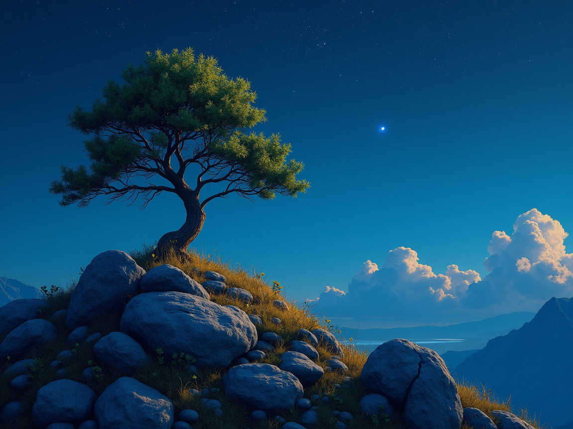 Solitary tree on rocky hill under twilight sky