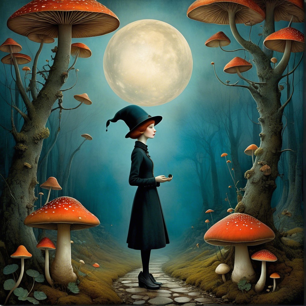 Mysterious Moonlit Path with Whimsical Trees and Mushrooms