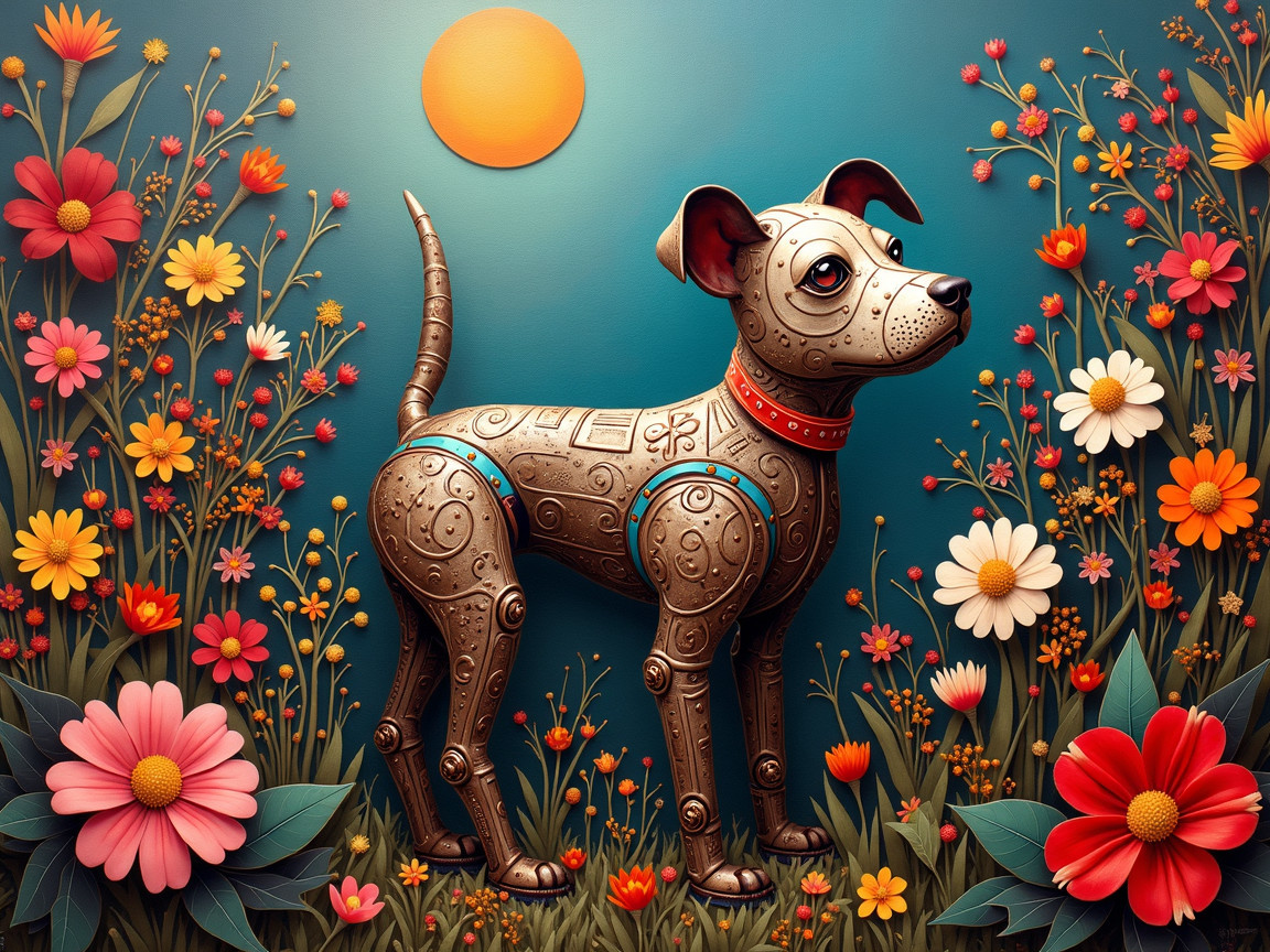 Whimsical Robotic Dog Surrounded by Colorful Flowers