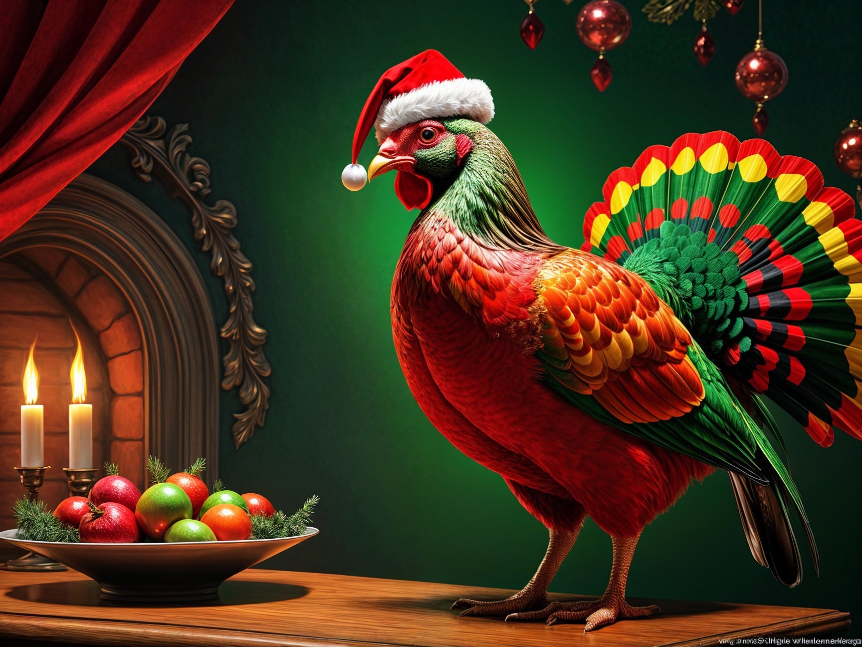 Colorful Turkey with Santa Hat and Holiday Decor