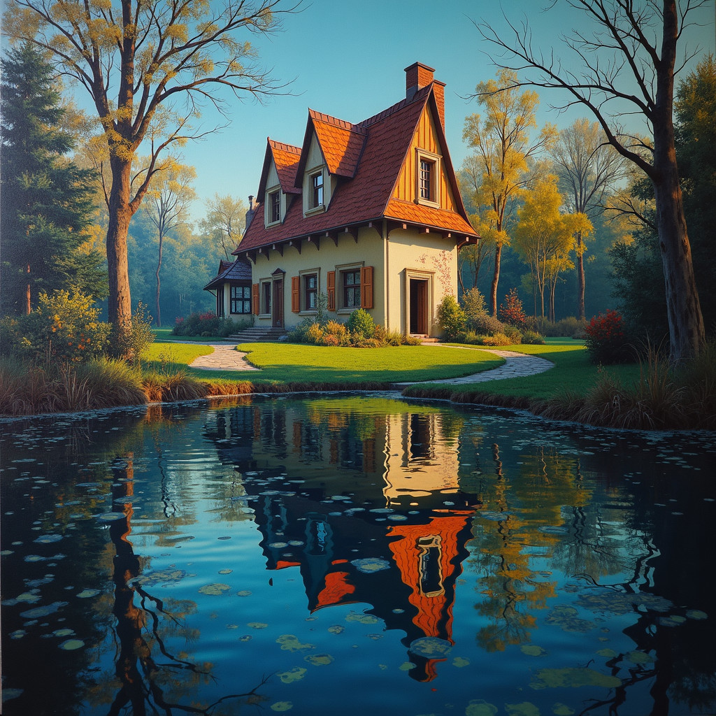 Charming cottage amidst autumn foliage and serene pond