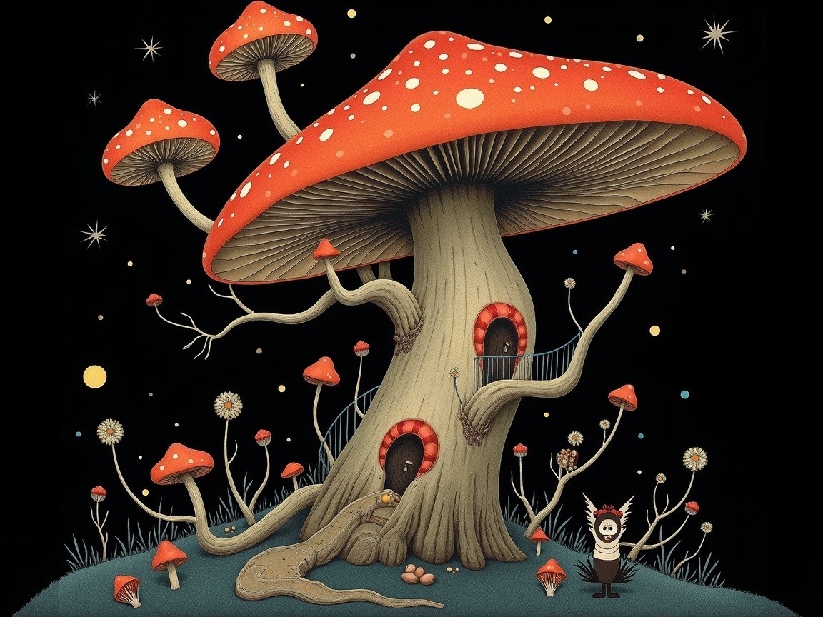 Whimsical Mushroom Scene with Enchanting Flora