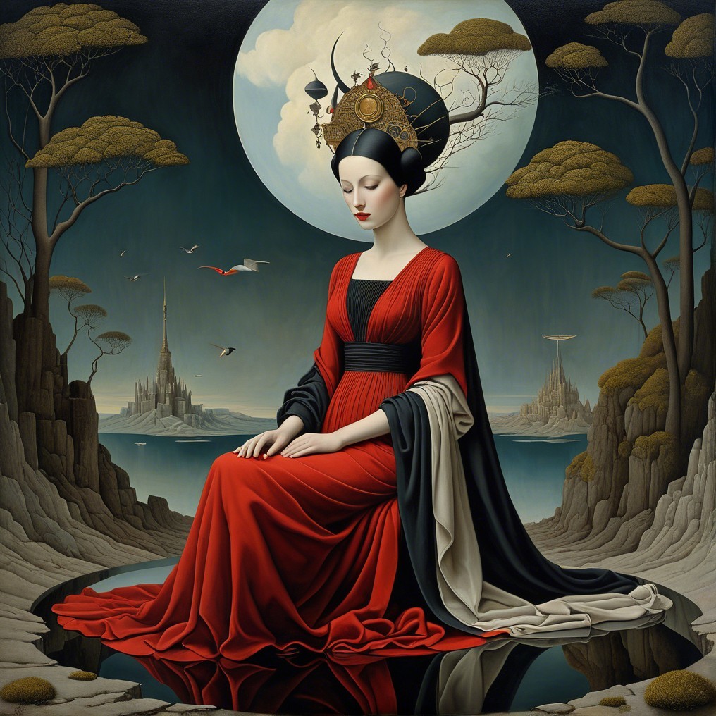 Serene Figure in Red and Black Gown Under Full Moon