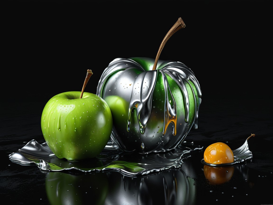 Vibrant Green Apples with Metallic Coating and Egg