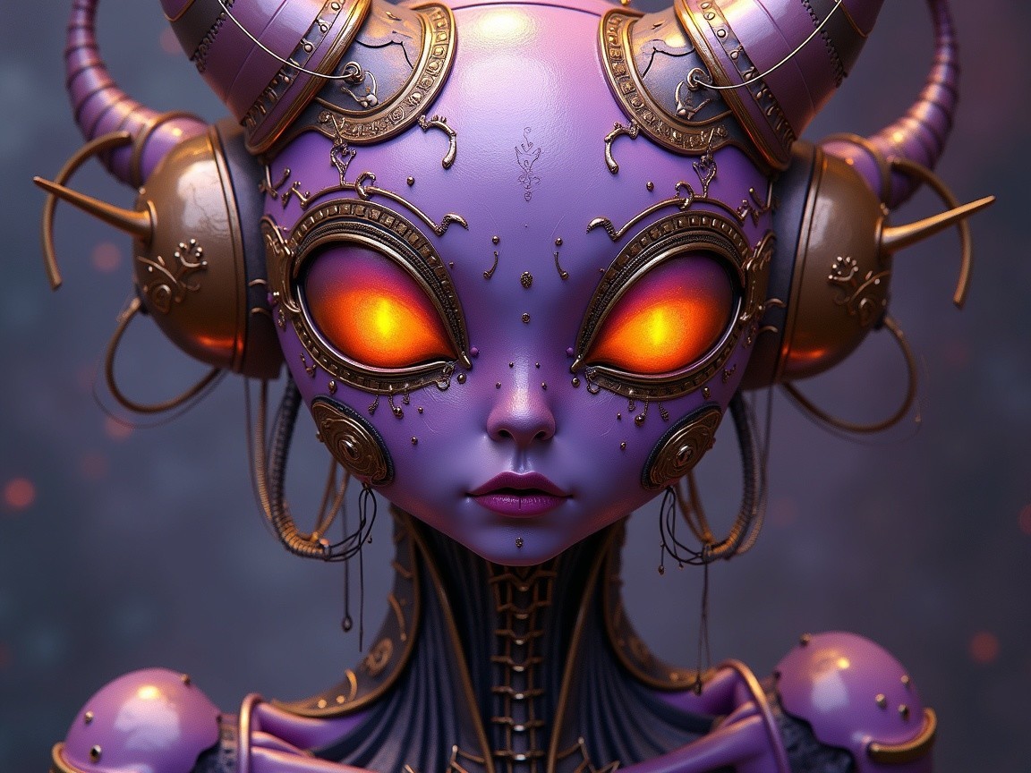 Futuristic humanoid figure with purple skin and horns
