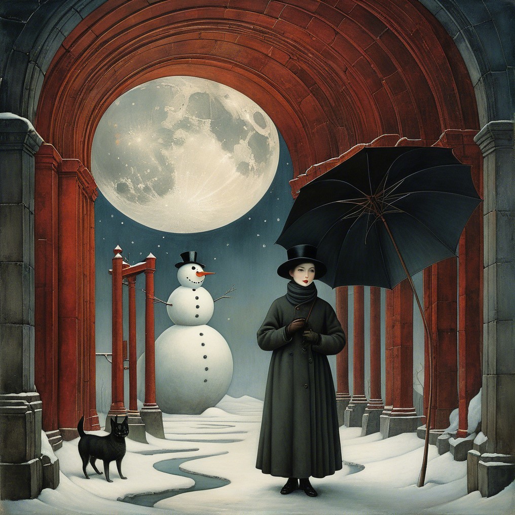 Winter Scene with Figure, Snowman, and Moonlight