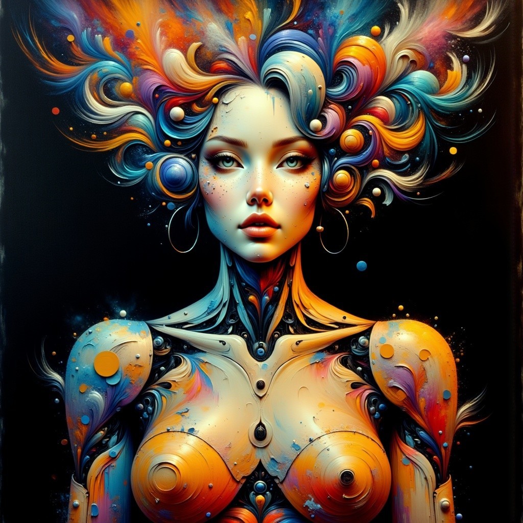 Stylized female figure with vibrant hair and robotic skin