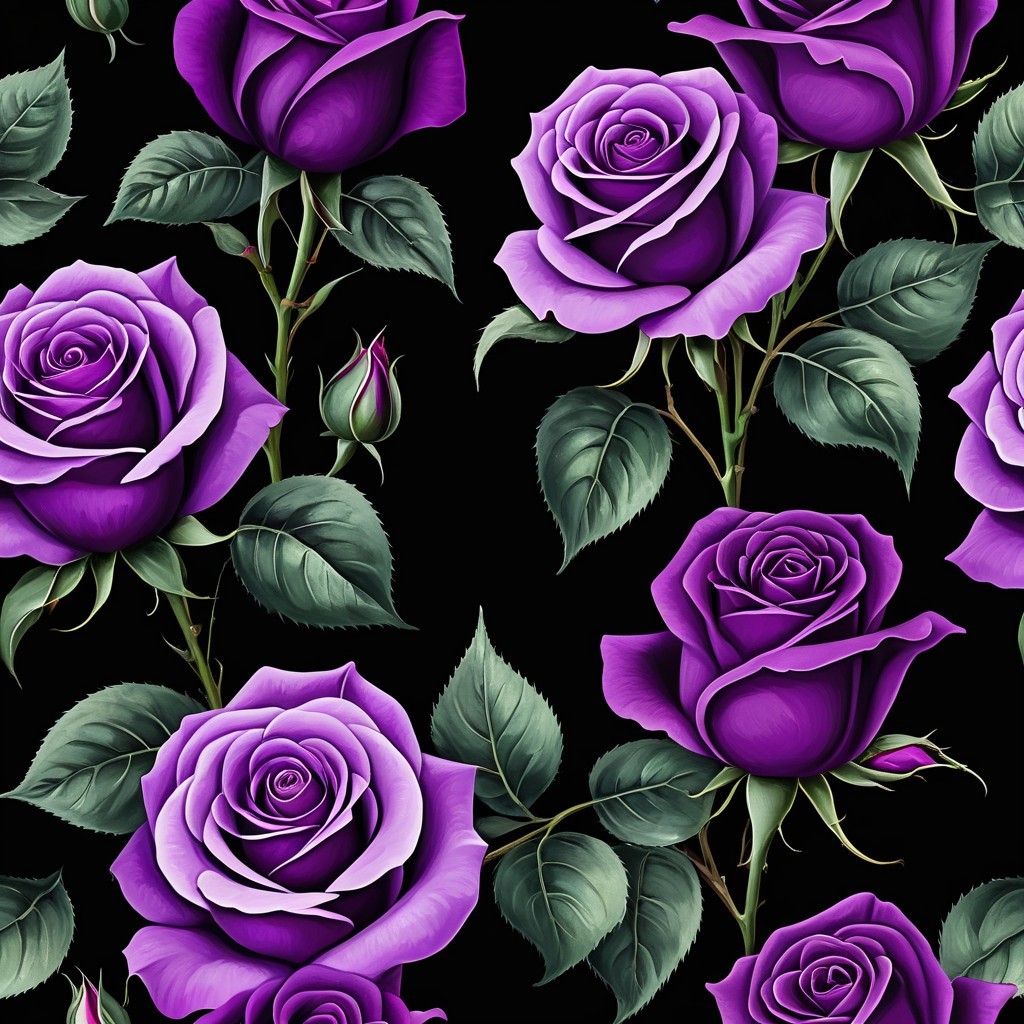 Deep Purple Roses Pattern on Black Background