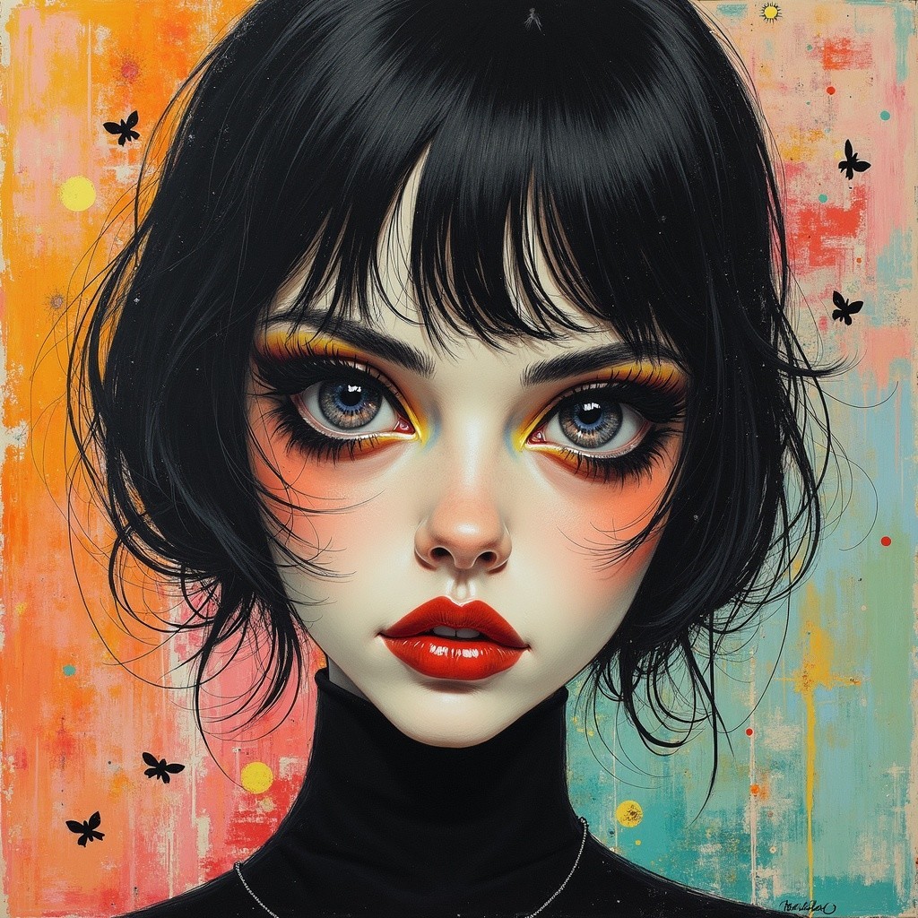 Portrait of a Young Woman with Bold Makeup and Butterflies
