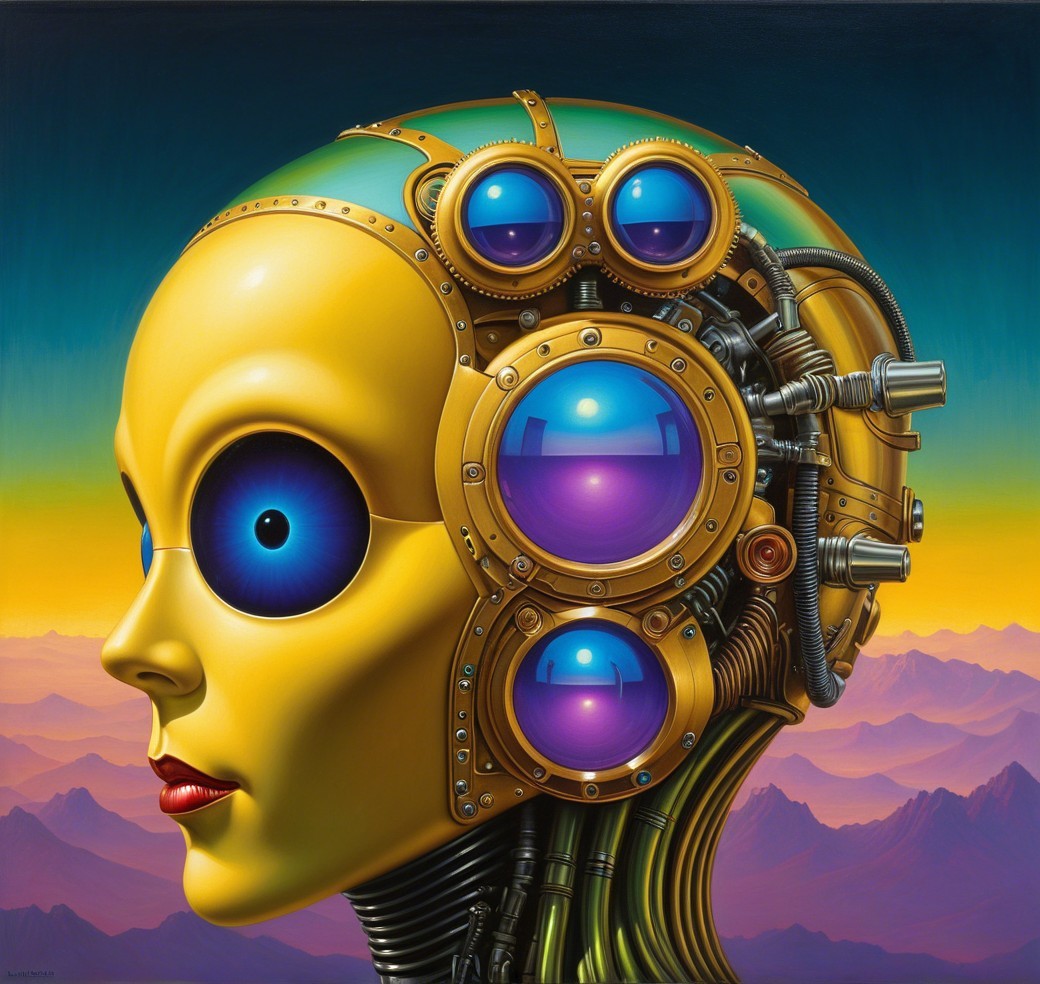 Futuristic Robot with Yellow Face and Blue Eyes