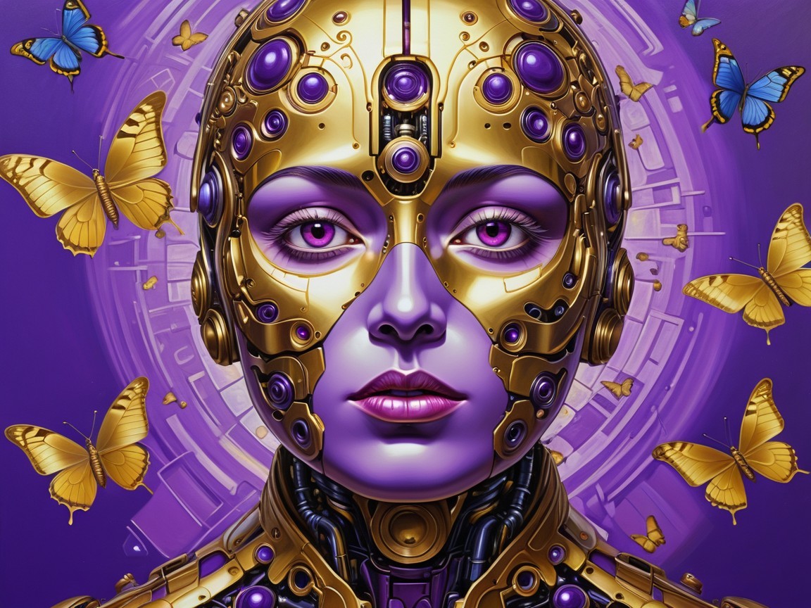 Futuristic Humanoid Robot with Butterflies and Purple Background