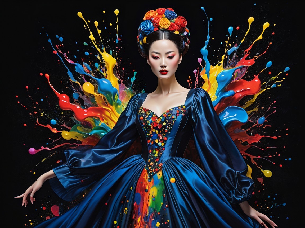 Vibrant Gown with Colorful Paint Splashes and Roses