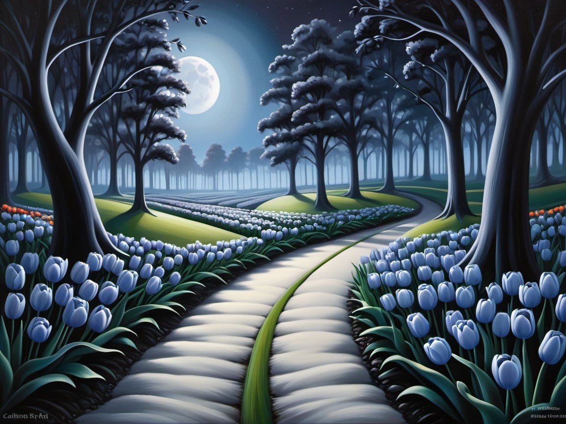 Nighttime Landscape with Moonlit Path and Tulips