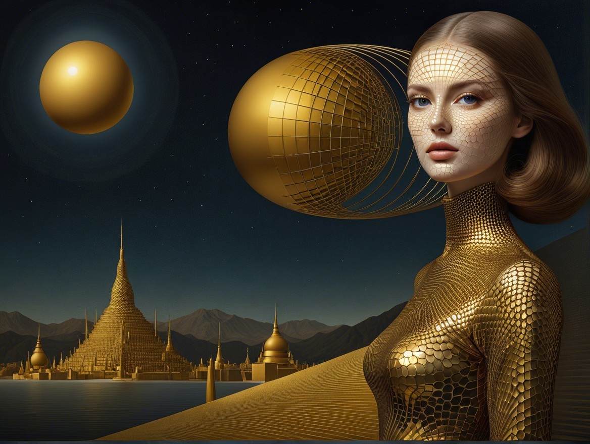 Futuristic Female Figure in a Mystical Golden Landscape