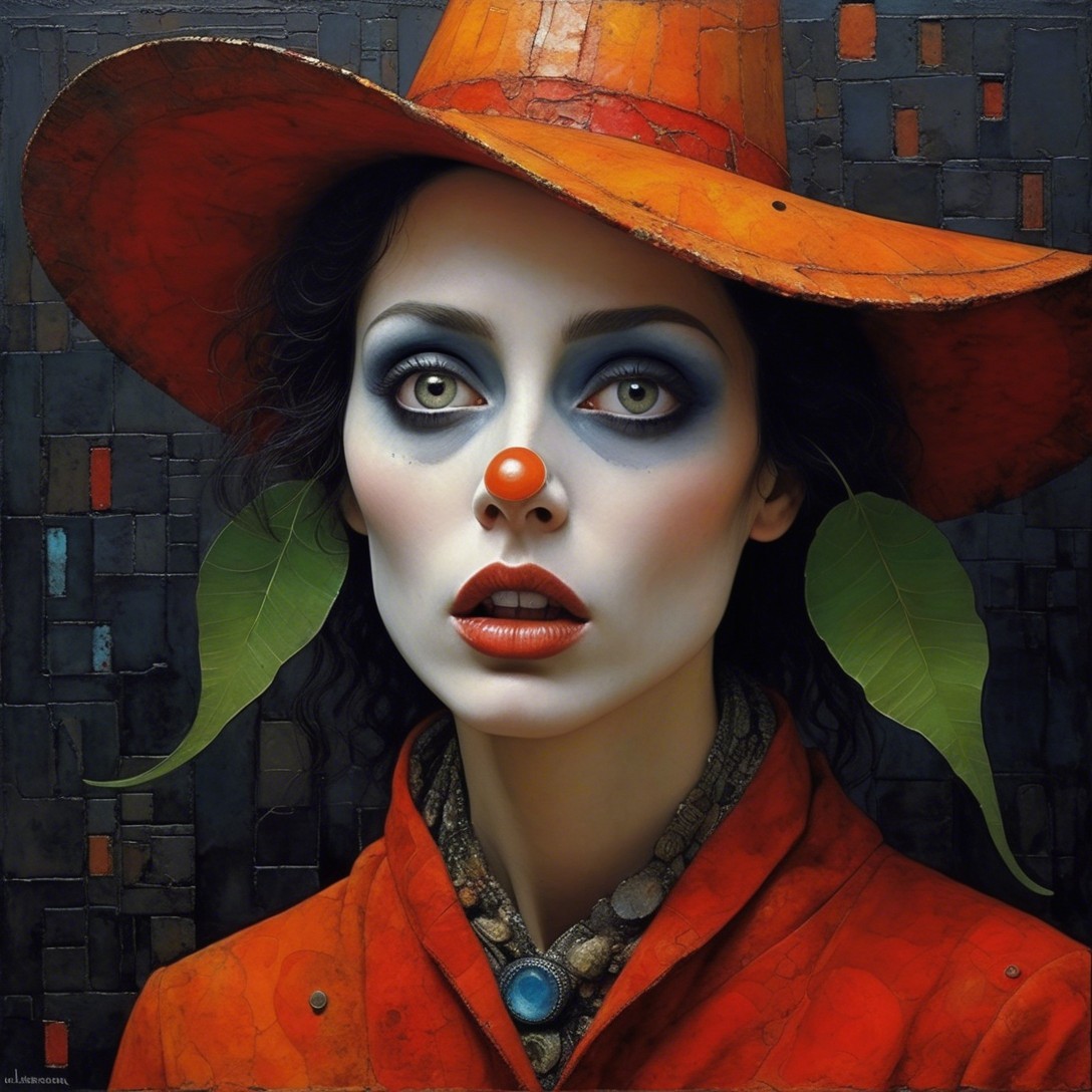 Half-body portrait of a surprised female clown