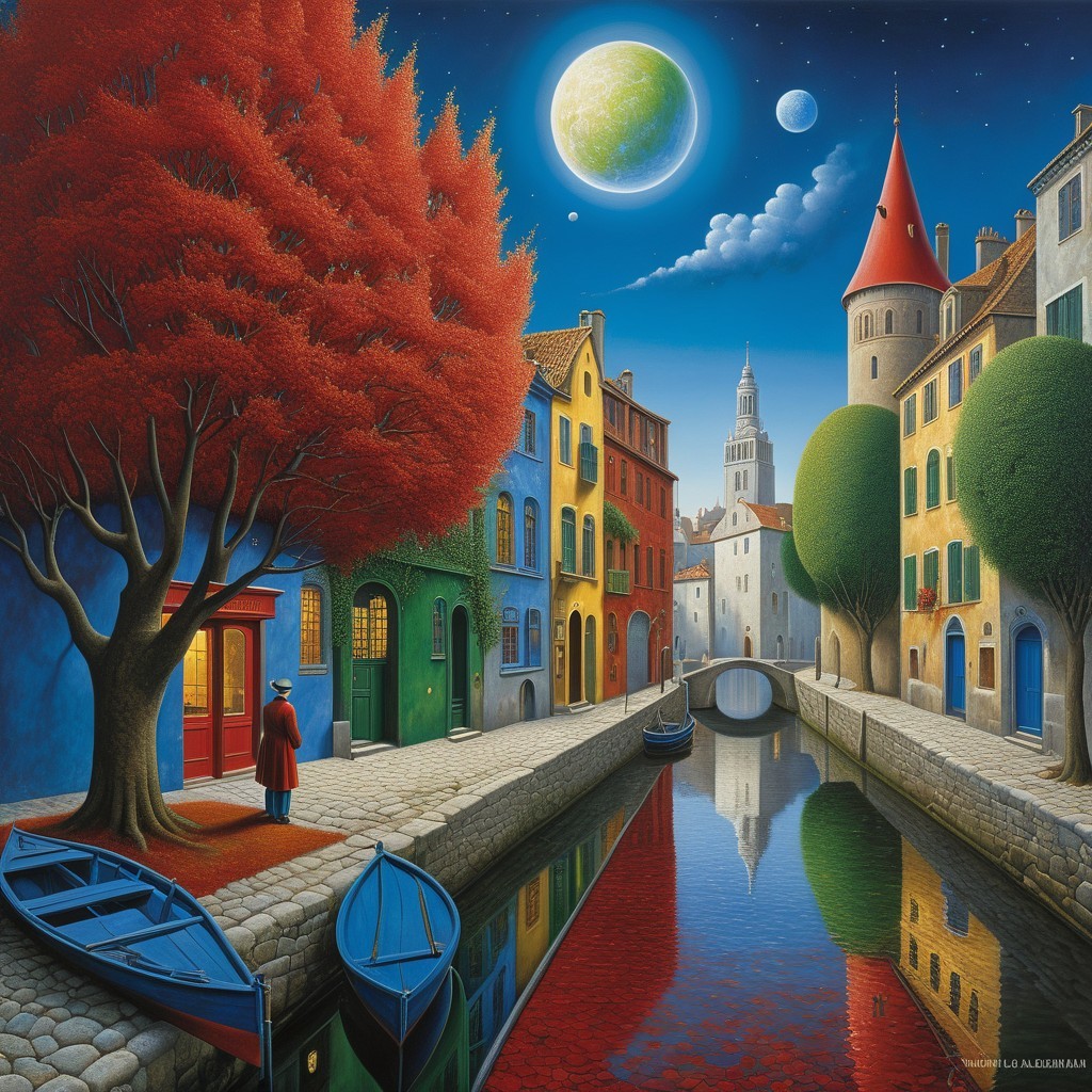 Surreal Landscape with Canal and Colorful Buildings