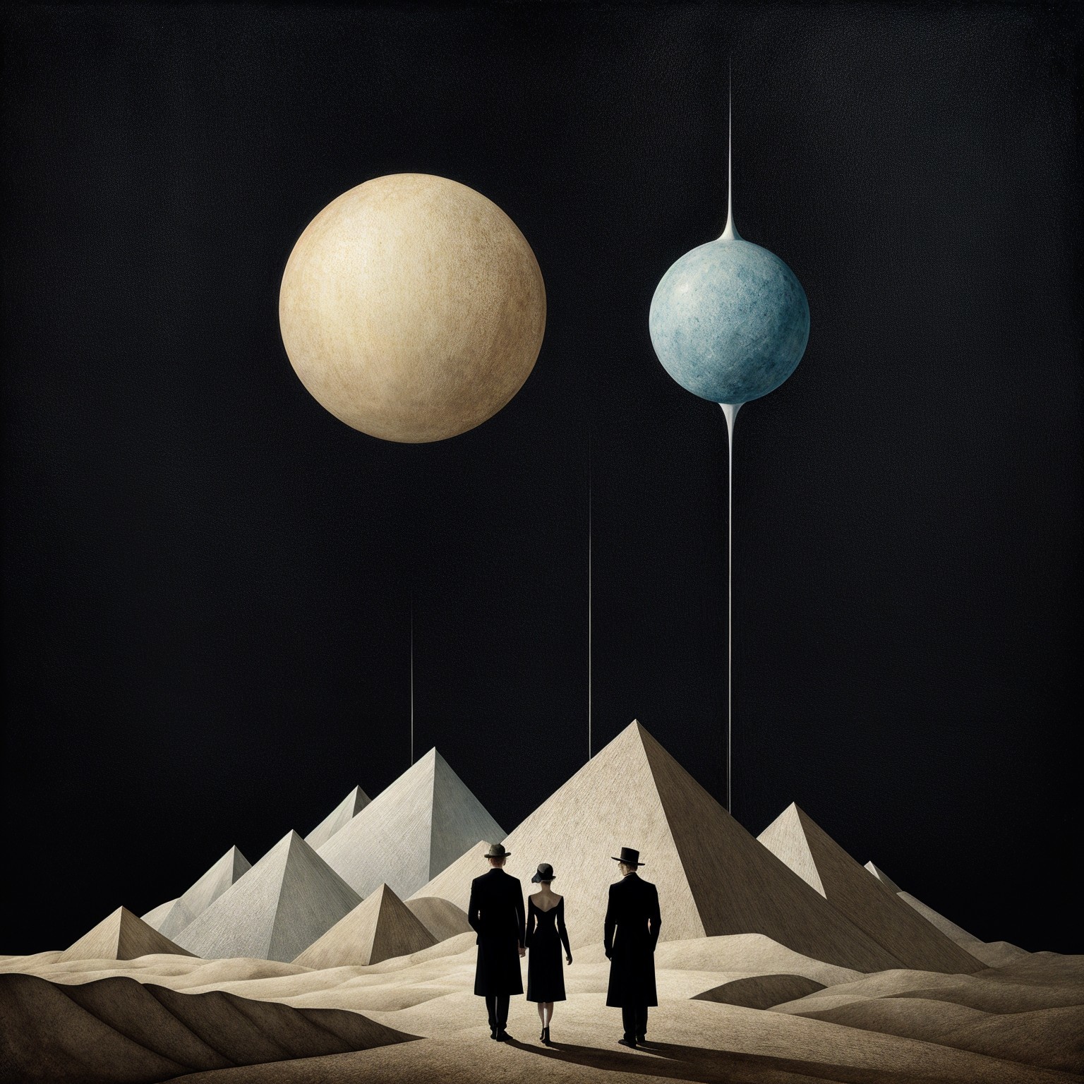 Surreal Landscape with Figures and Towering Pyramids