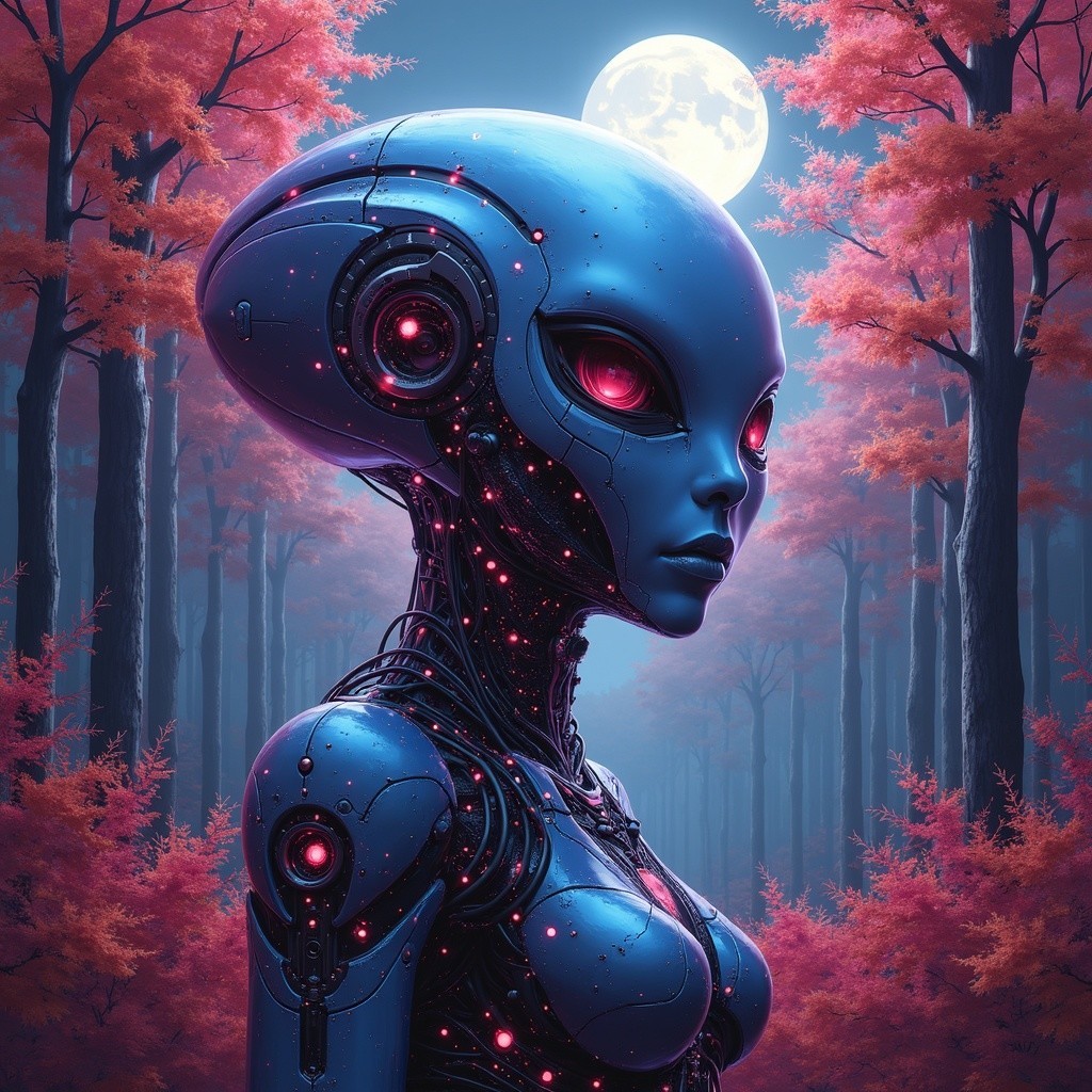 Futuristic Alien Figure in Serene Forest Setting